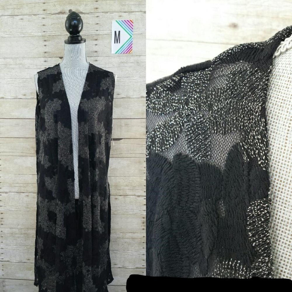 NWT LuLaRoe Elegant Collection Lace Vest Medium - Silver Flowers on Black Lace